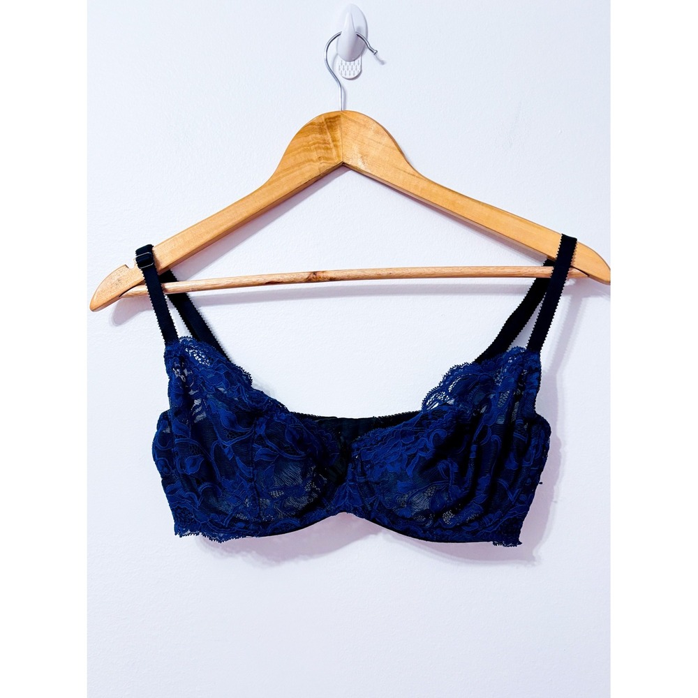 VICTORIA'S SECRET Blue Floral Lace Unlined Underwire Demi Bra Size 36D